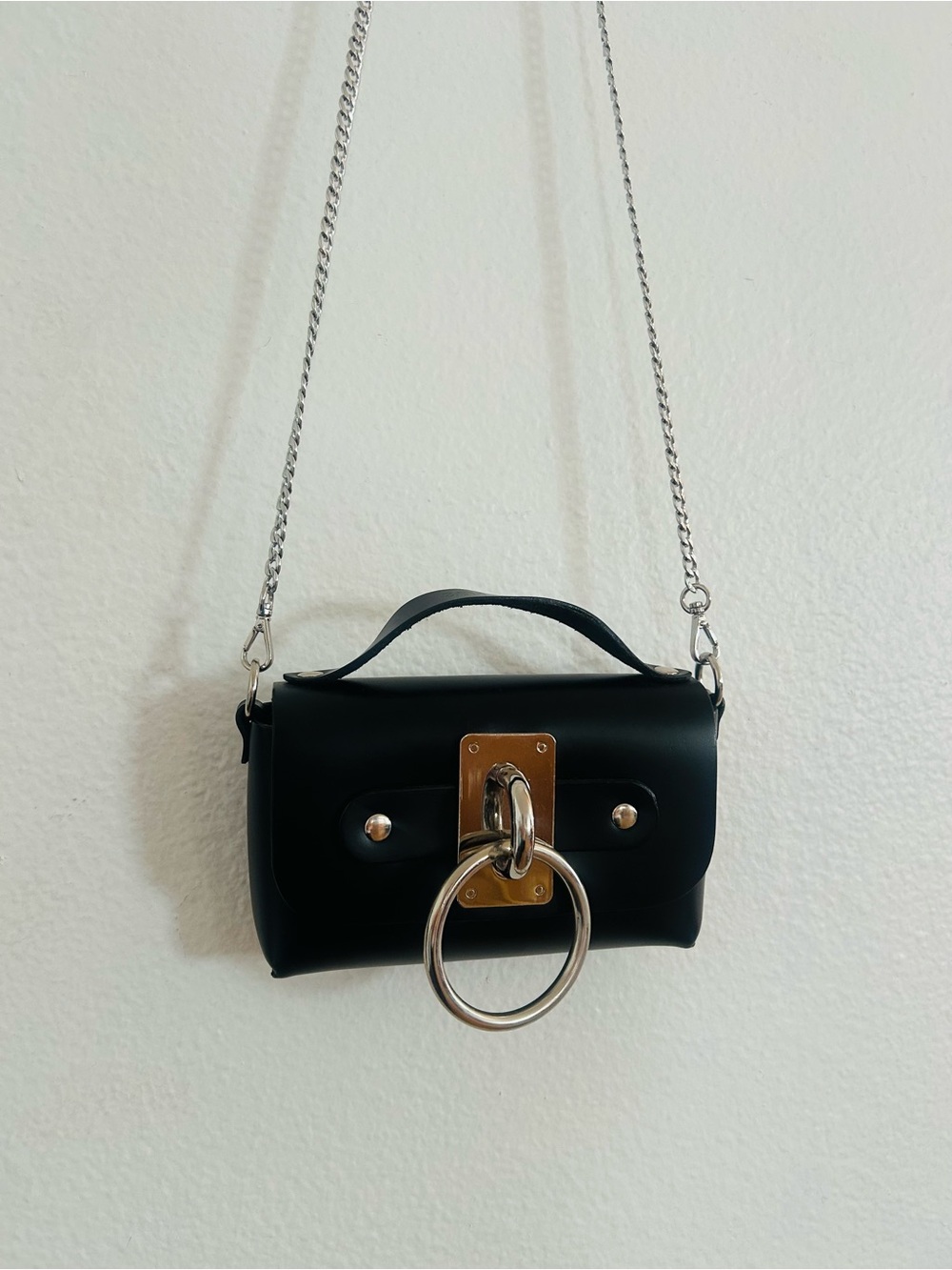 Zana Bayne Black Mini Choker Crossbody Leather Bag with Silver Ring Accent